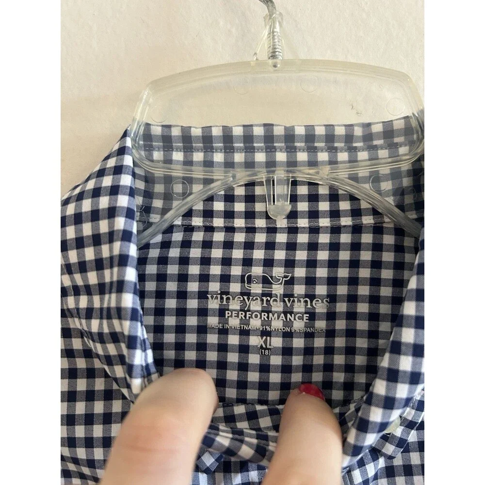 Vineyard Vines Button Up Youth Boys Size XL (18) Navy Gingham Plaid Whale Shirt